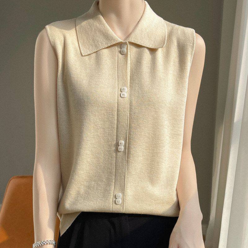 温柔治愈POLO领吊带背心女内搭2025年新款夏季翻领无袖针织衫打底
