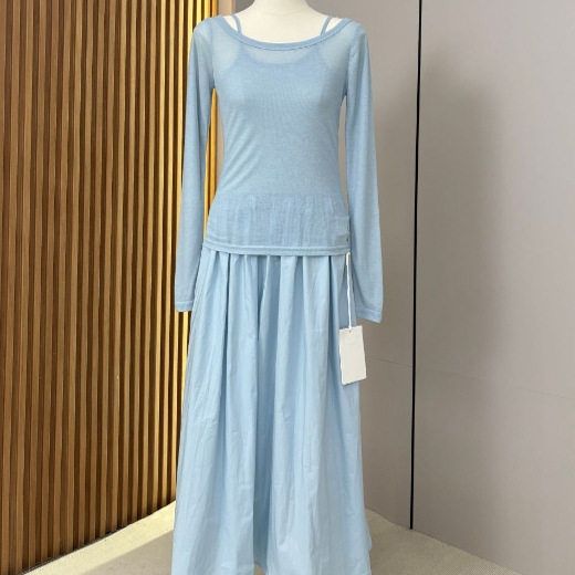 炜思夏季新款薄款透视防晒上衣长袖T恤+百搭吊带拼接连衣裙套装