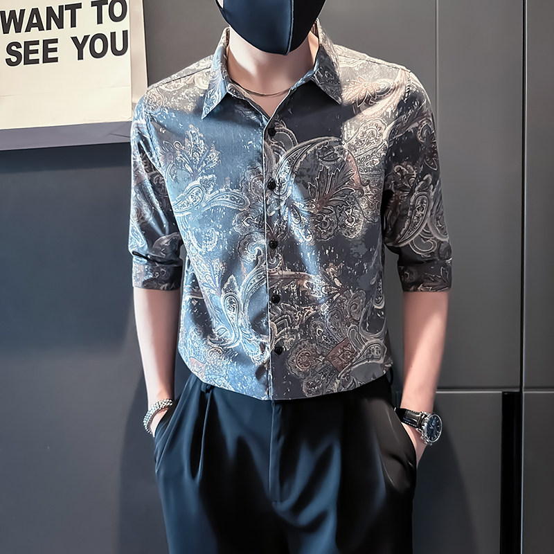 男士七分袖衬衫男潮流修身民族风腰果花中袖衬衣A368-CS310-P65,男装民族服装,电商A368
