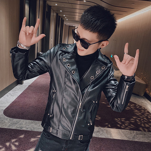 潮牌修身PU皮衣外套男社会小伙休闲帅气皮夹克男P810P115加绒P125图片