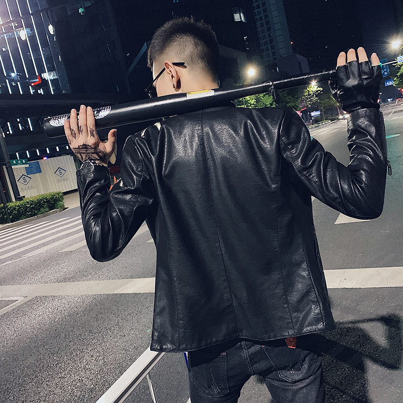 社会小伙皮衣男潮夹克衫外套网红帅气短款立领皮褂P8886P115绒125,男装夹克,电商A368