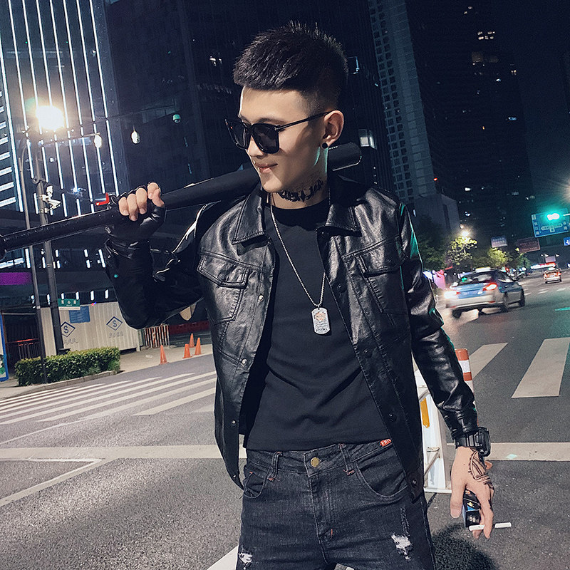2025新款翻领皮衣男帅气修身机车服pu皮夹克外套P1902-P115绒125,男装夹克,电商A368