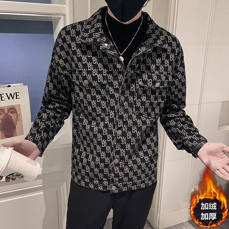 冬季新款印花牛仔夹克外套男加绒加厚潮流牛仔衣JK951-P95绒115,男装夹克,电商A368