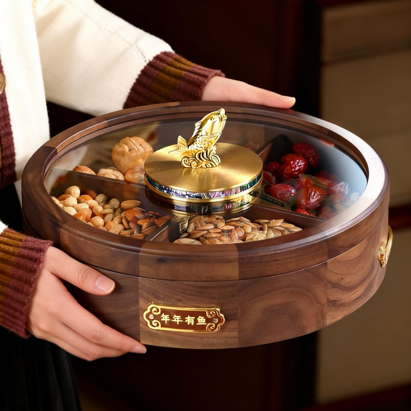 胡桃木干果盒水果盘轻奢高端客厅茶几家用祝福零食坚果糖果收纳盒