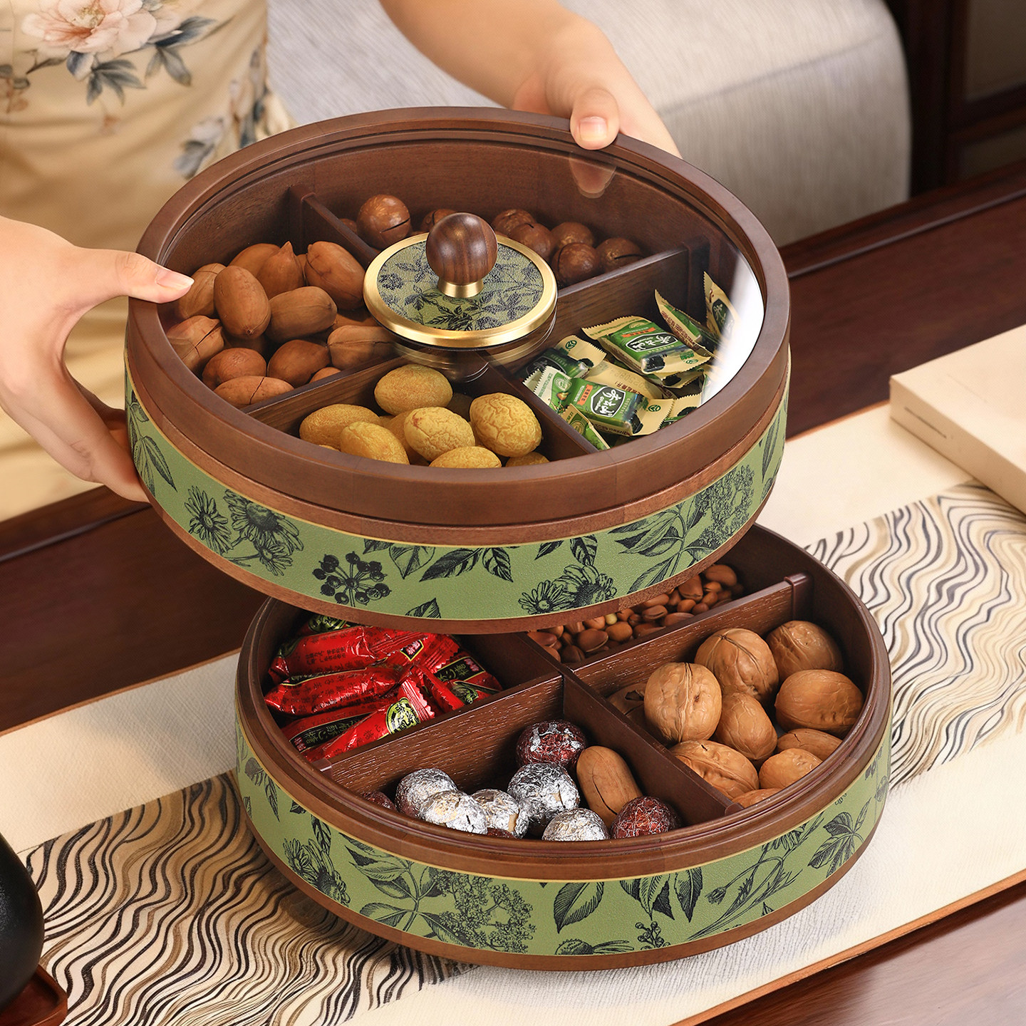 新中式实木分格干果盒客厅家用果盘高端精致高颜值零食坚果收纳盘