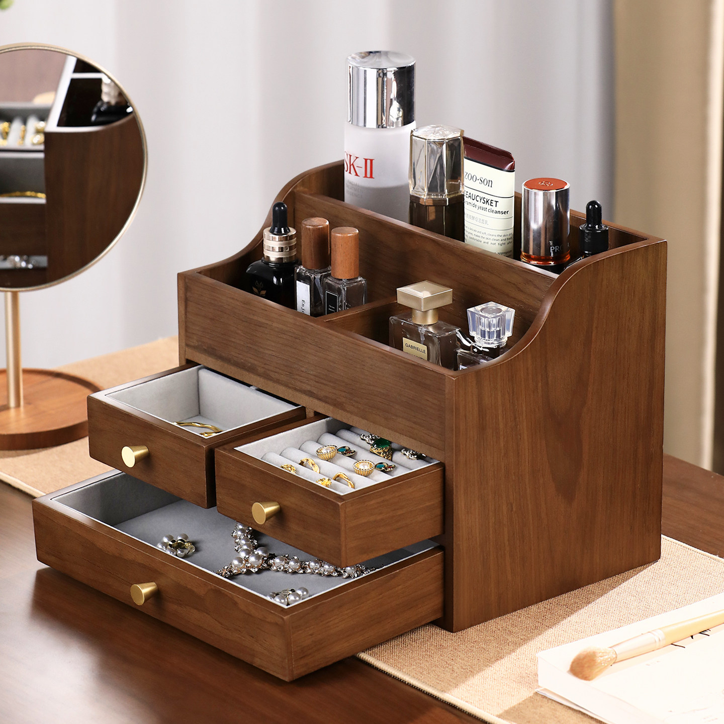 2025新款多层桌面置物架梳妆台化妆护肤品实木收纳盒首饰盒大容量