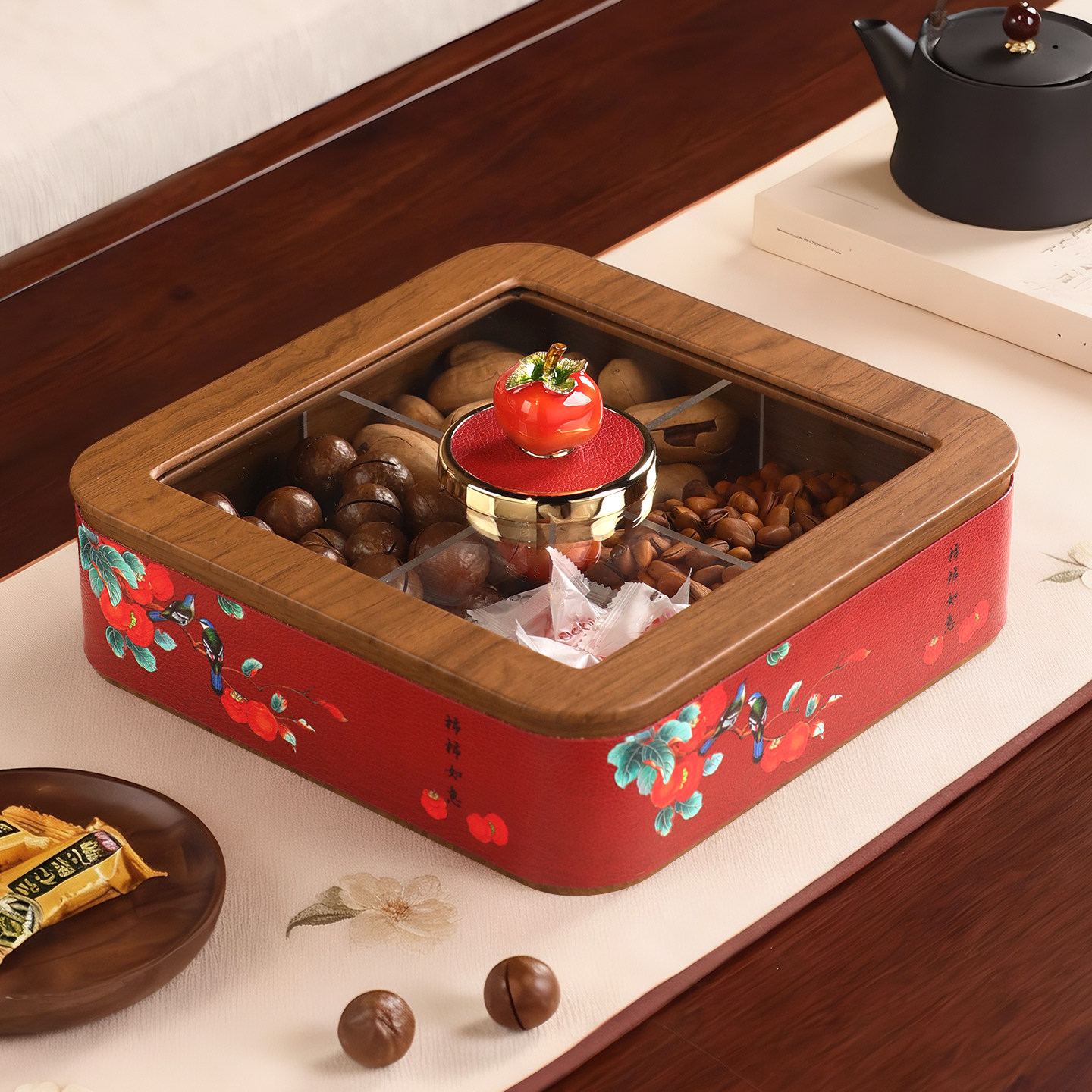 新年红色干果盘家用2026新款轻奢高端精致高颜值坚果糖果盒收纳盘