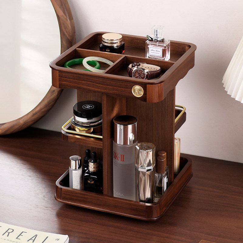 2024新款实木化妆品收纳盒旋转桌面高级感护肤品香水梳妆台置物架