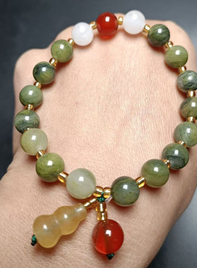 多宝金丝玉手链葫芦红配珠石英岩手链  包邮