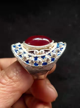 古玩仿古藏银扳指景泰蓝镶嵌红绿宝石款式指环