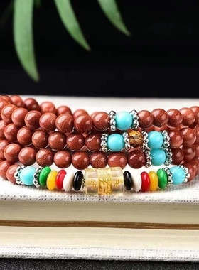 天然金砂石项链 108金砂石六字真言6mm多圈佛珠手链 礼物