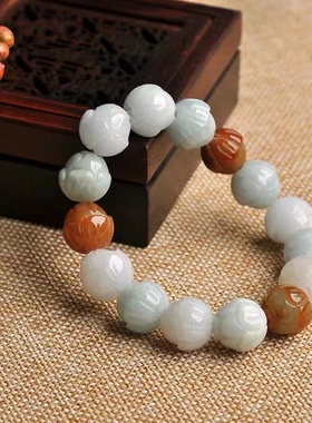 天然翡翠手链莲花珠手链三彩 缅甸玉石手链男女款情侣款13mm