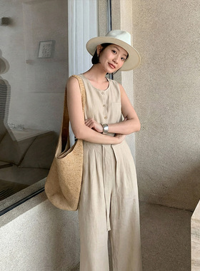 THE MIND新款天丝苎麻无袖连体衣2026春季韩系慵懒阔腿连体裤套装