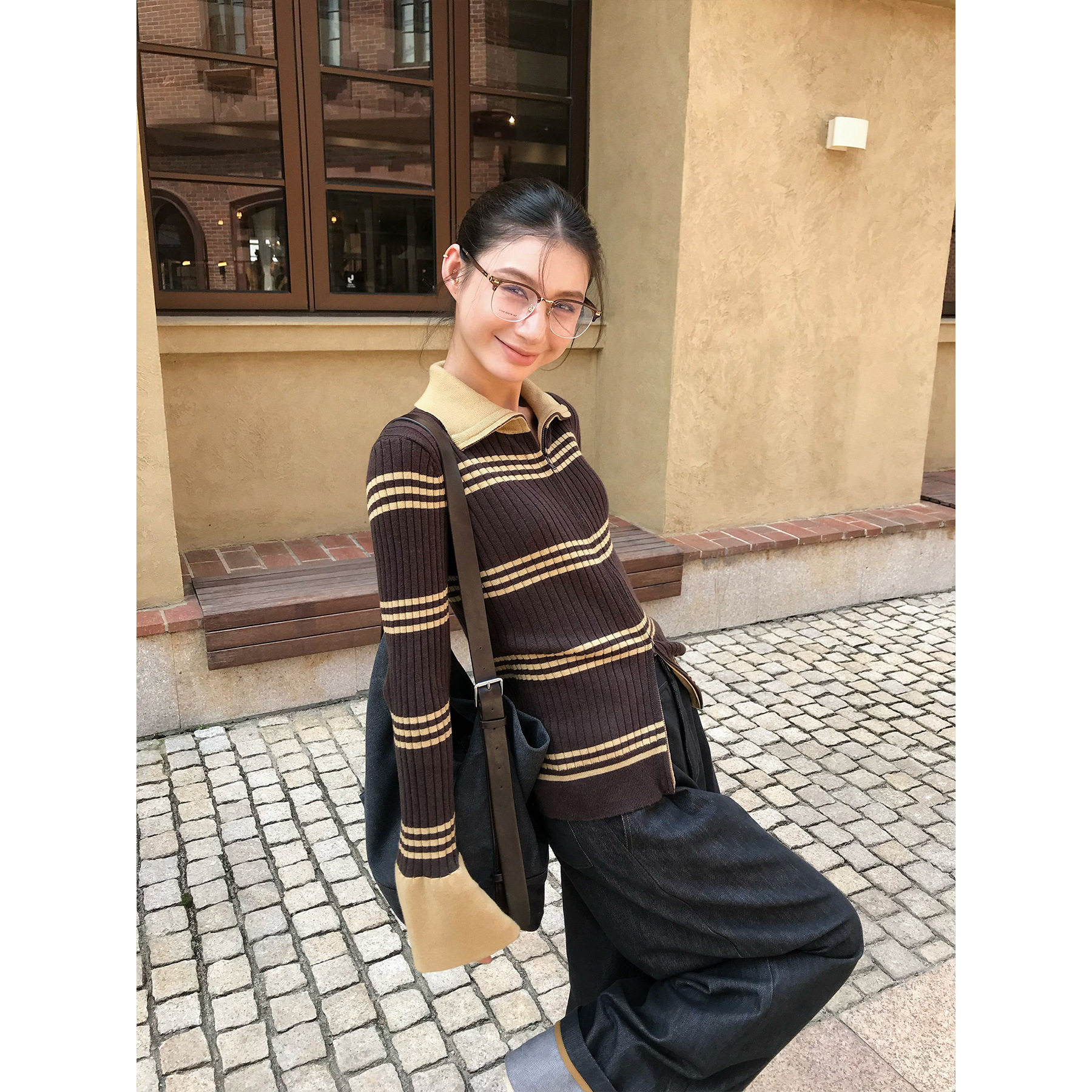 NEIHE内赫新款条纹针织小衫高级感女毛衣2025秋季拼接喇叭袖开衫