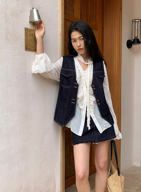 NEIHE内赫2026年春秋季复古撞色缝线牛仔马甲女款外穿时尚上衣
