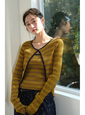 NEIHE内赫简约条纹毛织吊带开衫真两件针织衫2026春季新款女上衣