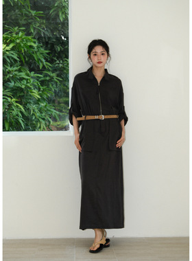 NEIHE内赫2026春夏新款女装长裙天丝亚麻智性老钱麻料7分袖连衣裙