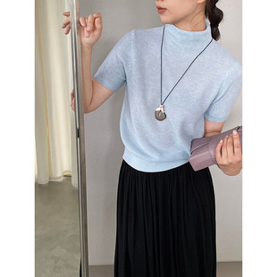 T恤女士春夏显瘦上衣 韩系半高领针织短袖 2026新款 配项链春色四季