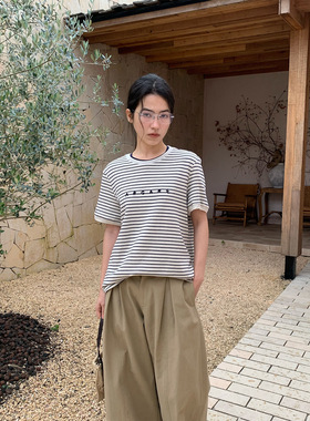 NEIHE内赫2026春夏季韩系上衣亚麻针织条纹绣花短袖T恤女新款上衣