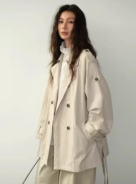 NEIHE内赫2026春季新款宽松双排扣翻领中长款风衣外套女简约上衣
