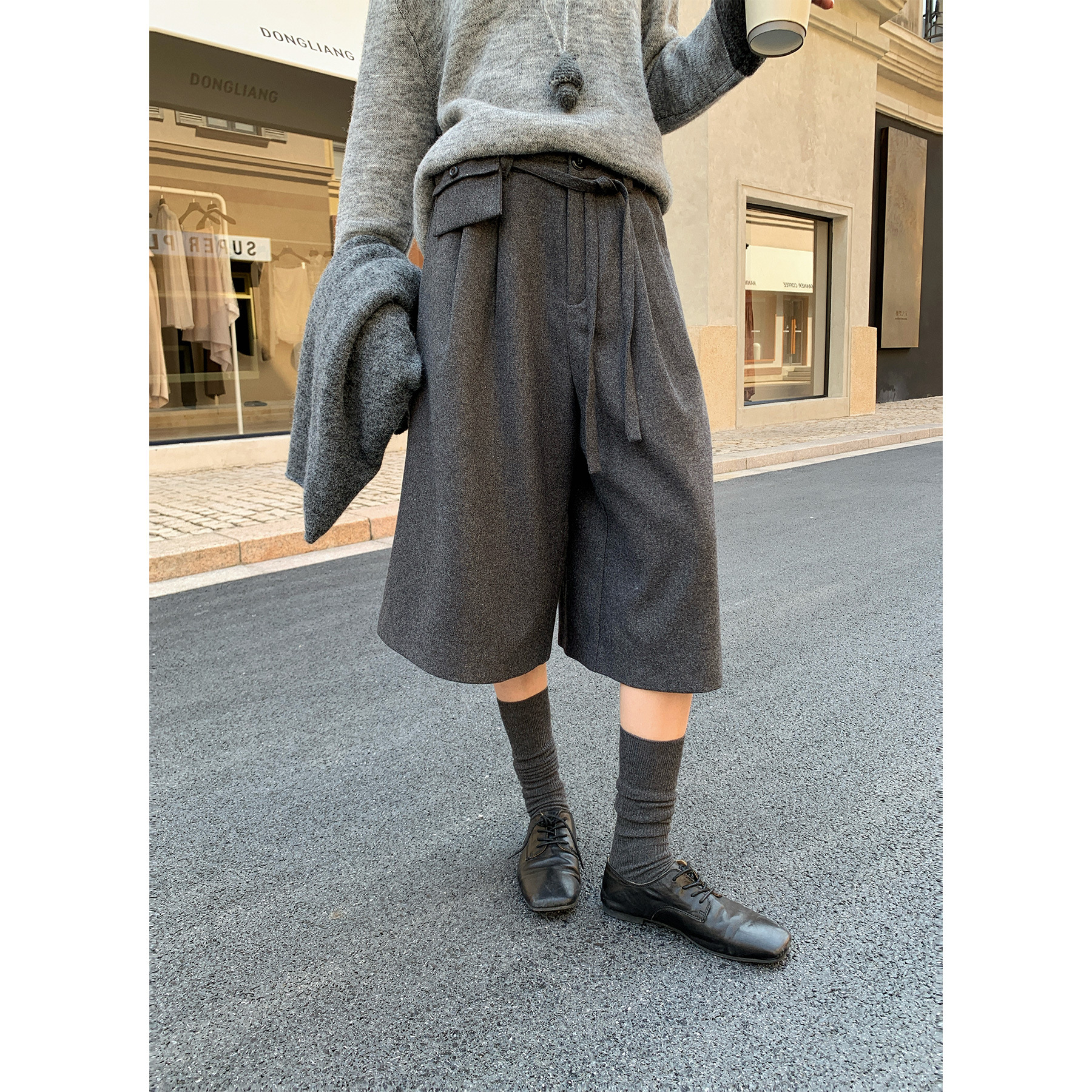 COMOS CMS2025秋冬新款50羊毛呢料五分休闲阔腿短裤子女加厚中裤