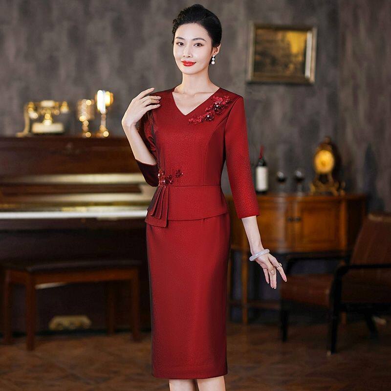 时尚喜婆婆红色连衣裙结婚妈妈裙春秋冬新款高档气质中长款裙子