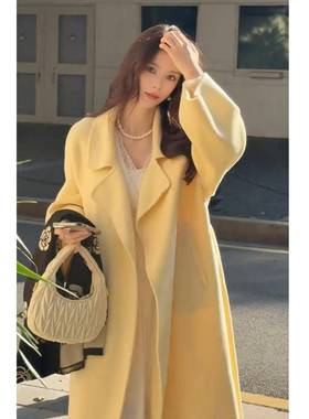 奶黄色小个子高级感流行中长款双面羊毛大衣女冬季好看毛呢外套女