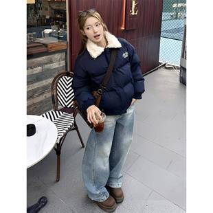 特大码 羊羔毛拼接翻领上衣 胖mm简约慵懒风蓝色棉服外套女秋冬新款