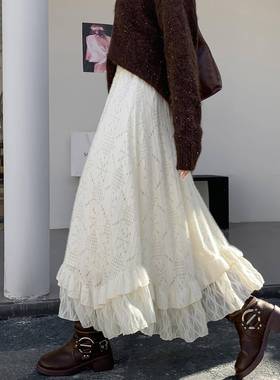超好看冬装蕾丝半身裙女2025新款冬高腰气质蛋糕裙不规则a字长裙