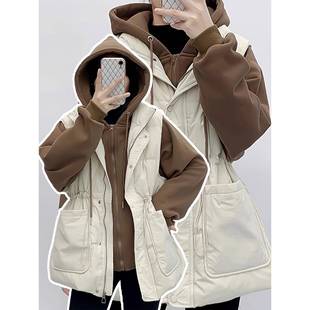 百搭假两件连帽外套 胖mm宽松加厚保暖棉服女学生米色时尚 大码 女装
