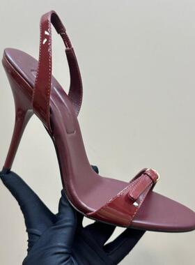 2025早春新款性感一字带金属带扣高细跟露趾凉鞋真皮侧空可甜女鞋