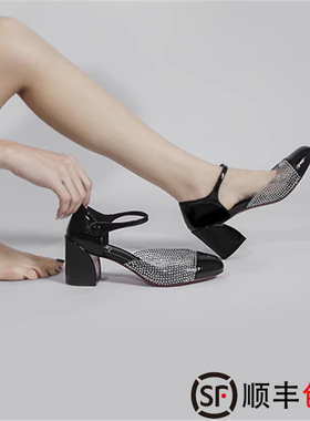 水钻透明玛丽珍鞋女夏季新款小香风粗跟单鞋一字扣带中空包头凉鞋