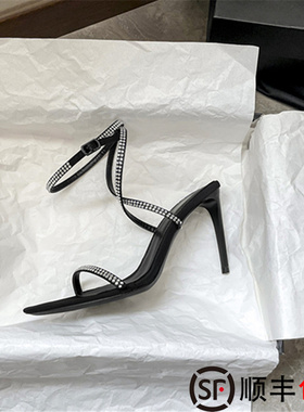 水钻一字带罗马凉鞋女2026新款尖头露趾交叉绑带性感高跟鞋