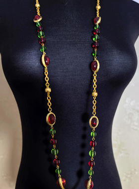 青岛中古vintage手工红绿琉璃长款多层套装宫廷毛衣链香款