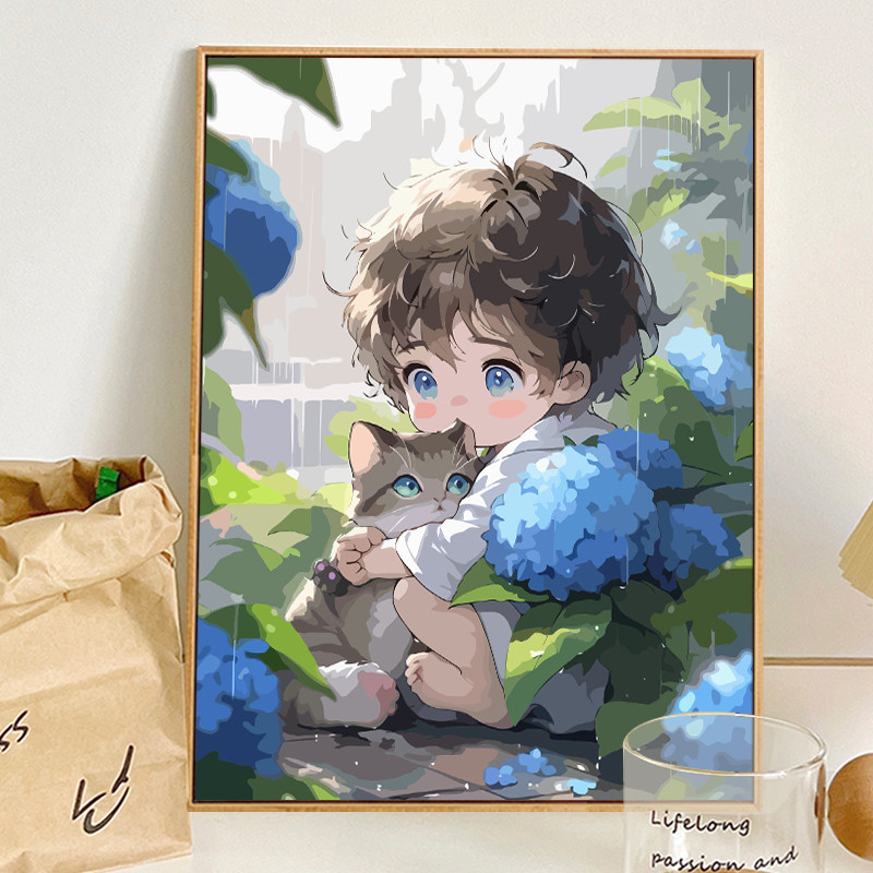 治愈雨中男孩与猫咪diy数字油画