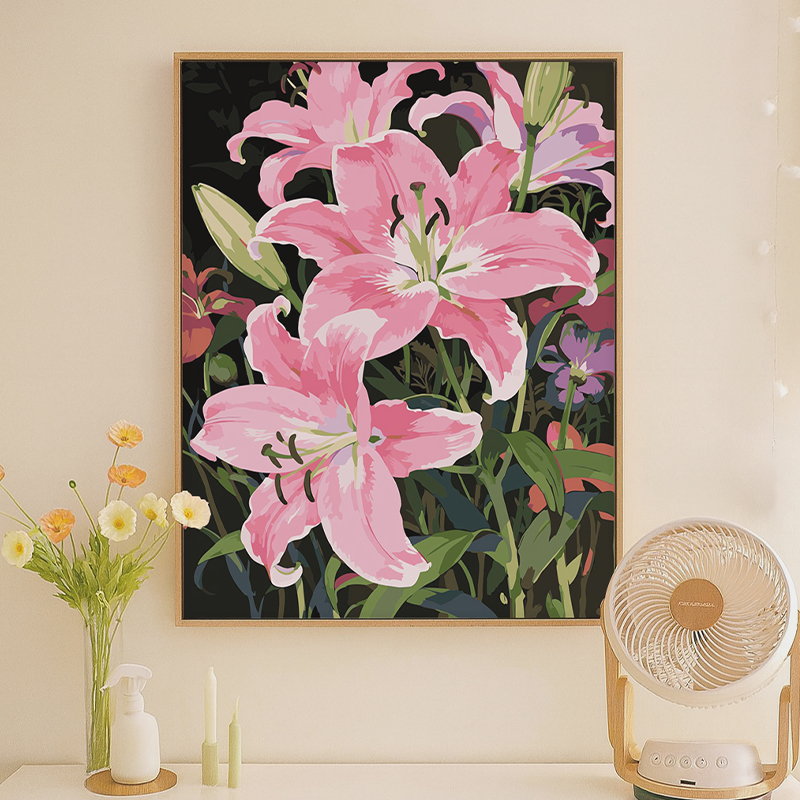 中古风粉百合花卉数字油画diy手工填涂色无聊解闷成人丙烯装饰画图片