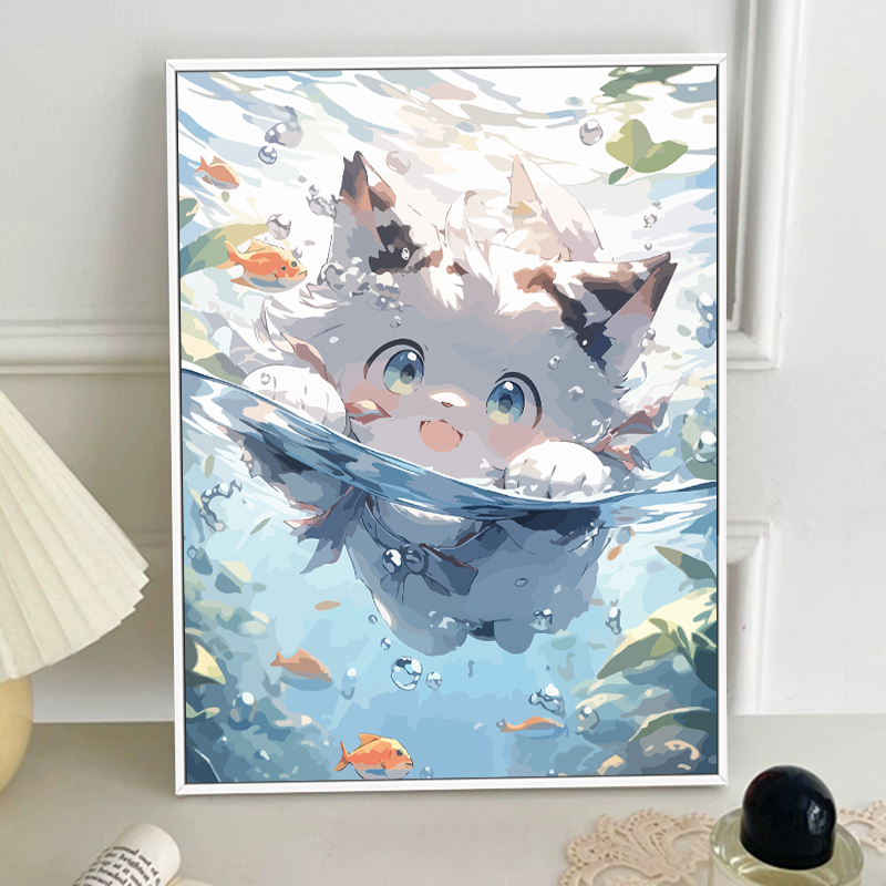 水中游泳猫咪diy数字油画