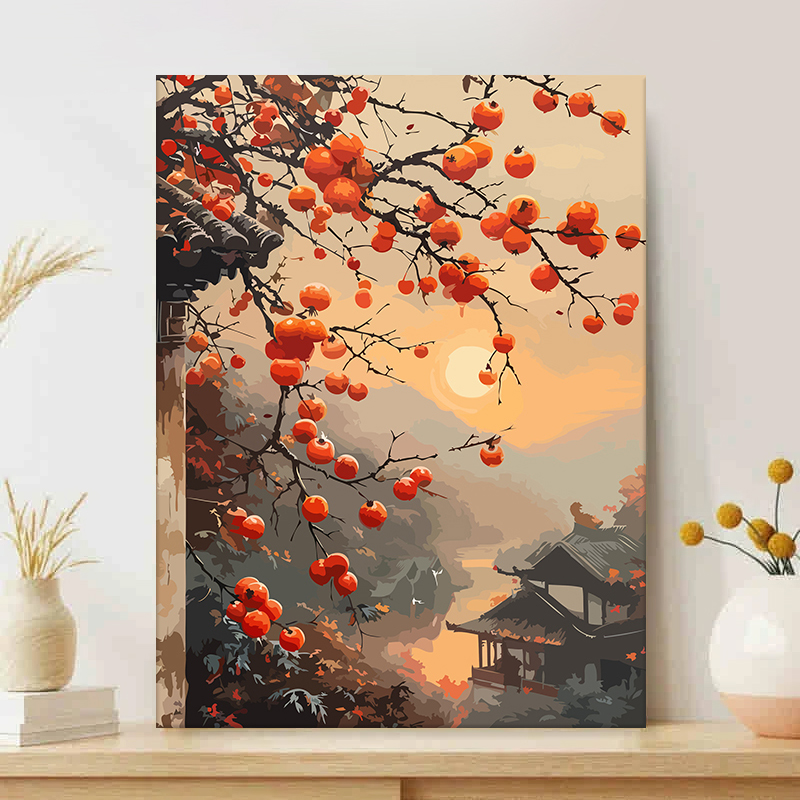 新中式柿柿如意数字油画diy填充2025新款涂色手绘丙烯油彩装饰画图片