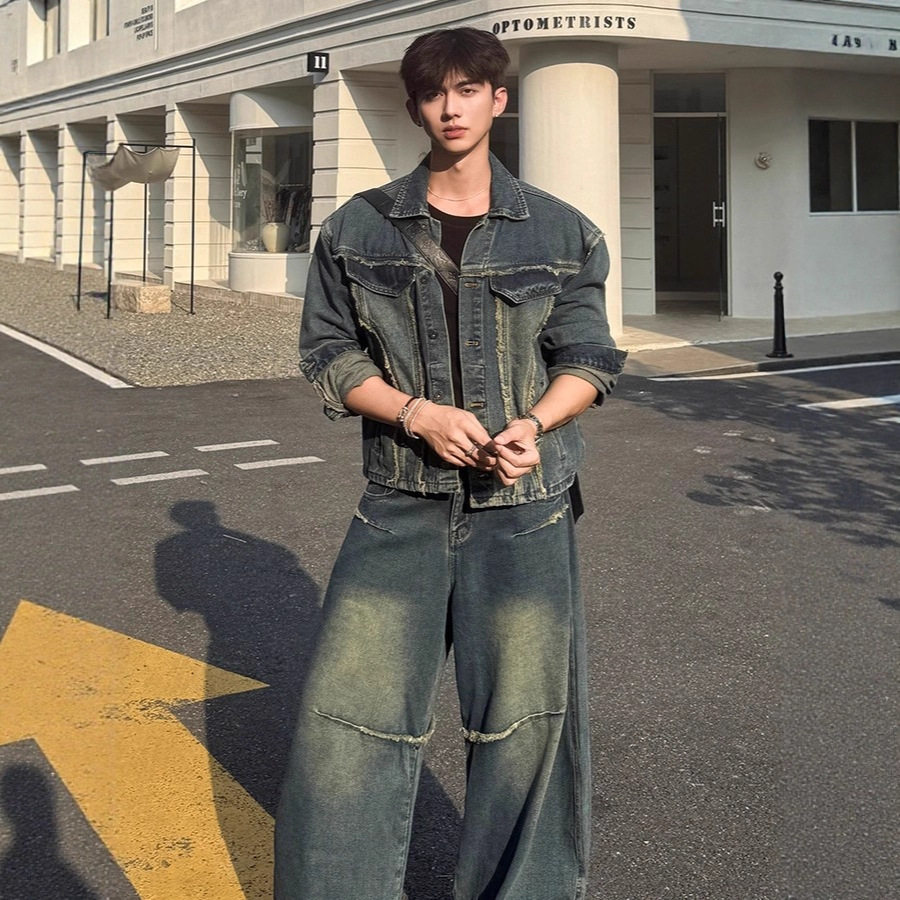 复古设计感蓝色洗水做旧春秋季高级感牛仔外套长裤两件套套装男