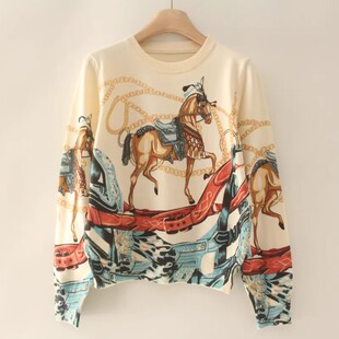 秋冬款欧美范亲肤修身柔软马儿印花针织女士套头毛衣 长袖打底衫