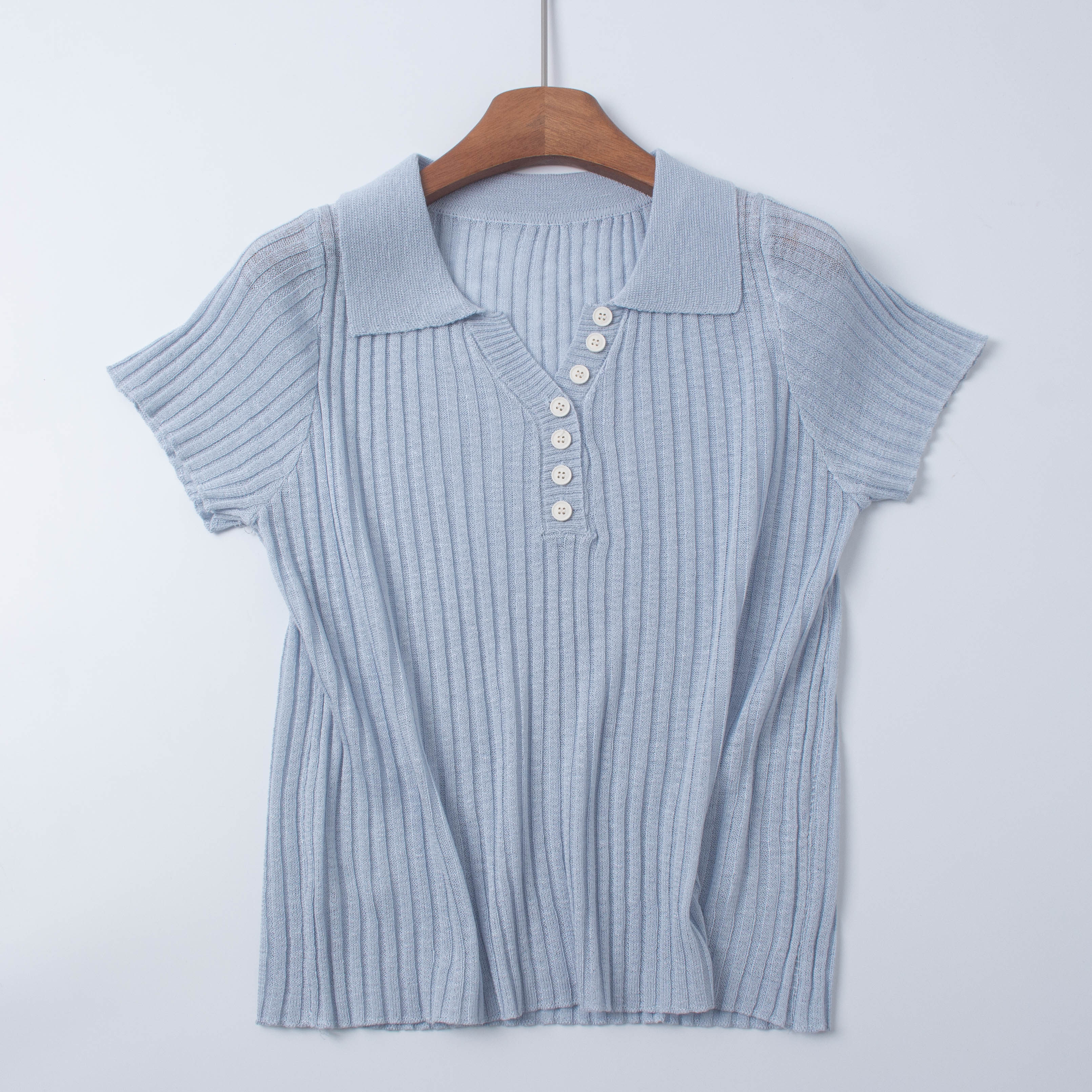 天丝亚麻POLO领短袖针织衫女夏