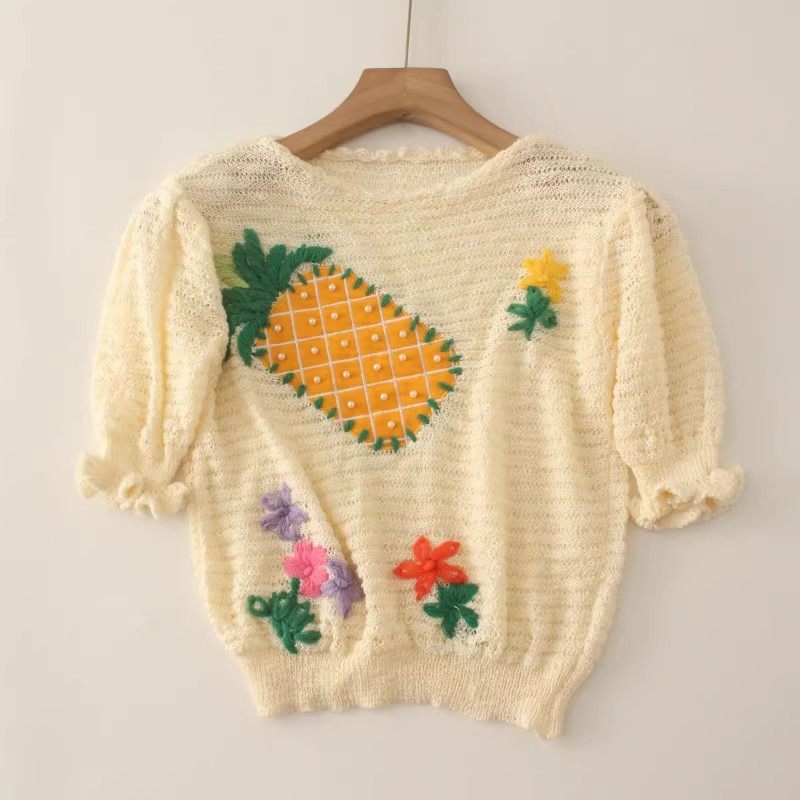 夏季薄勾花镂空时尚短款菠萝花朵外搭罩衫减龄中袖针织女柔软上衣