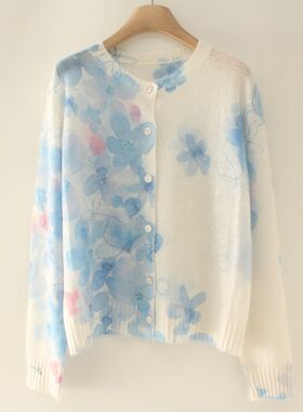 春秋新品羊毛马海毛圆领长袖针织开衫柔软清新蓝色印花薄款上衣女