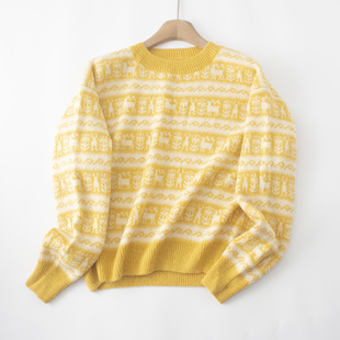 尾货羊毛马海毛宽松慵懒风几何图案针织衫女秋冬加厚保暖套头毛衣