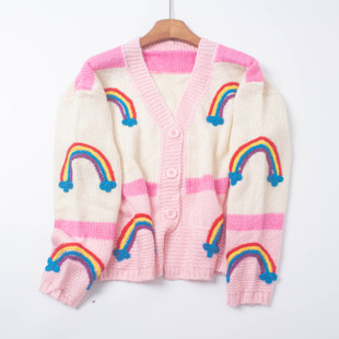 外贸尾货多巴胺彩虹色高级感V领针织开衫纽扣毛衣外套靓丽减龄女