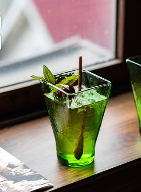 简陶日式手工锤纹绿色玻璃杯复古创意果汁牛奶杯家用喝水杯啤酒杯