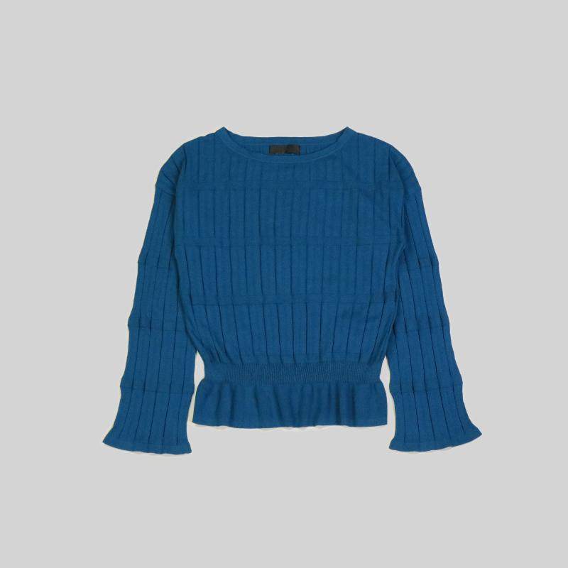 刁蛮公主  女士船领粘胶/尼龙混纺宽坑条灯笼式薄毛衣1-1