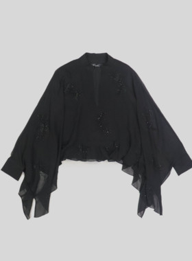 刁蛮公主 女士黑色小立领烫石花卉长袖披肩斗篷式套头上衣E-5