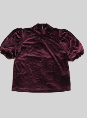 刁蛮公主女士玫瑰紫色立领包肩泡芙短袖套头丝绒上衣Z-1