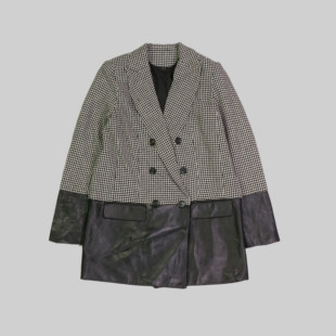 挂起 外套PZ 刁蛮公主女士千鸟格拼接羊皮长袖 双排扣长西装